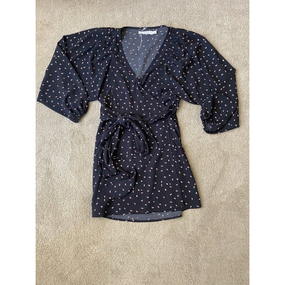 Bishop & Young Black Ditzy Print Wrap Puff Sleeve Mini Dress Boho Chic Size S